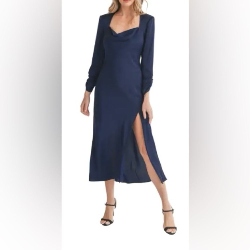 Cowl Neck Long Sleeve Navy Dress
